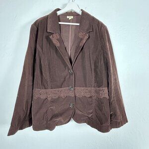 J. Jill Womens Brown Corduroy Lace Trim Blazer Jacket XL Three-Button Casual